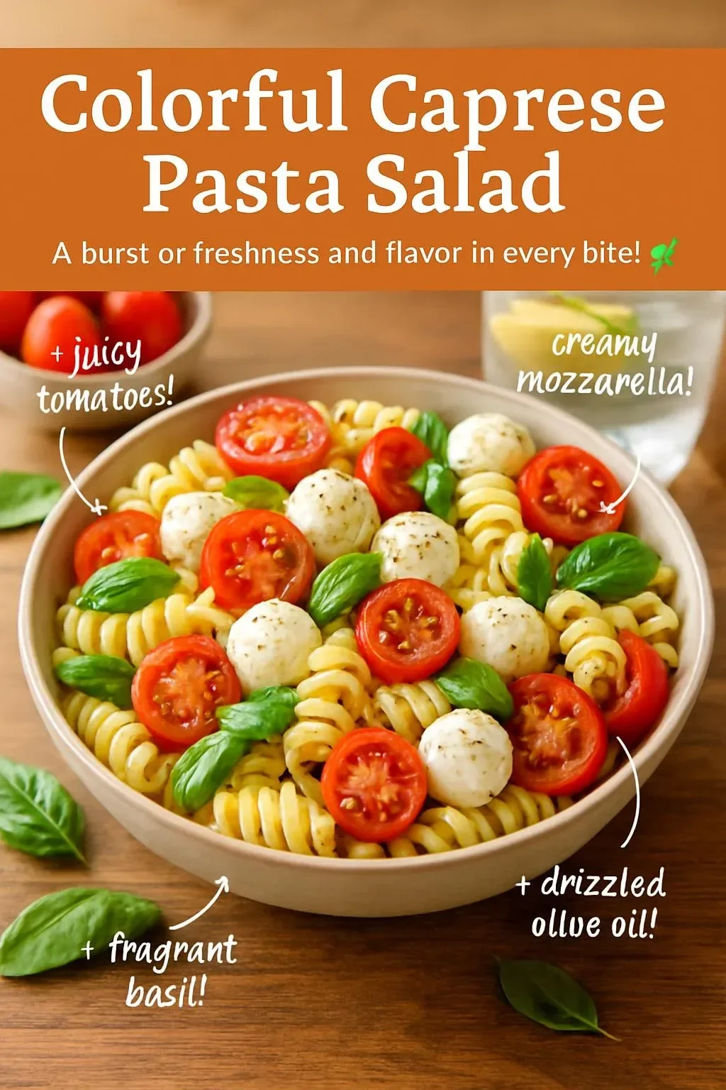 Colorful Caprese Pasta Salad with cherry tomatoes, mozzarella, and fresh basil