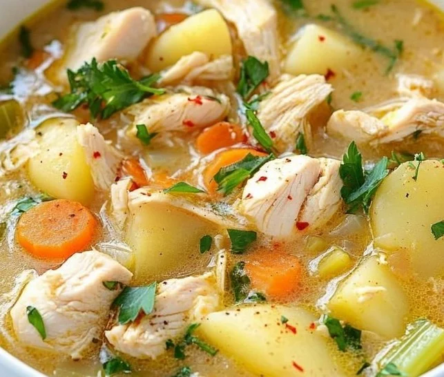 Bowl of comforting chicken soup with potatoes and herbs