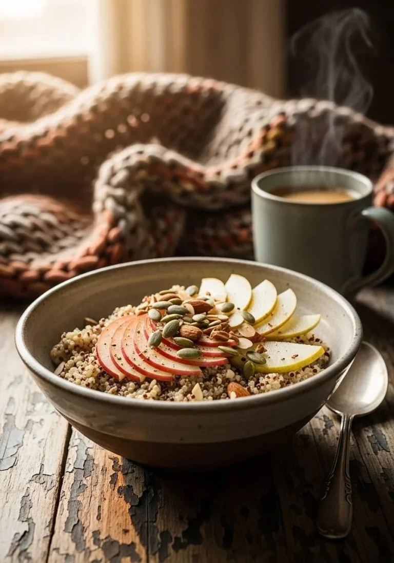Cozy apple and pear quinoa breakfast bowls topped with nuts and cinnamon.