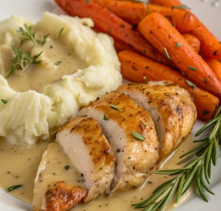 Creamy herb chicken served with roasted potatoes