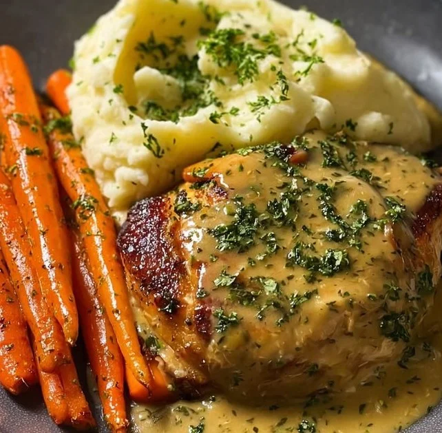 Creamy herb chicken with mashed potatoes and glazed carrots on a plate