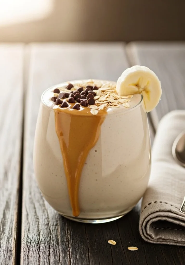 Creamy peanut butter banana smoothie in a glass with a straw