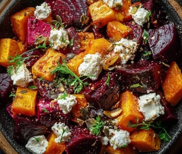 Creamy roasted beet salad with sweet potato and feta cheese