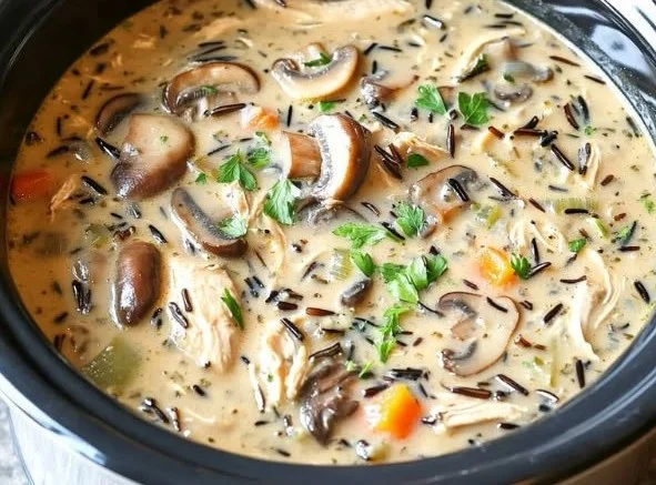Bowl of creamy slow cooker chicken mushroom wild rice soup garnished with herbs