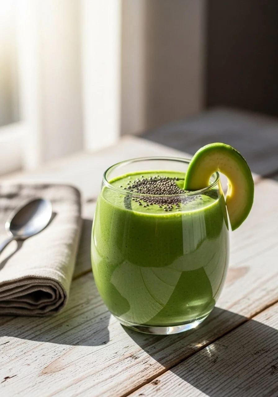 Delicious creamy spinach avocado smoothie in a glass with fresh ingredients