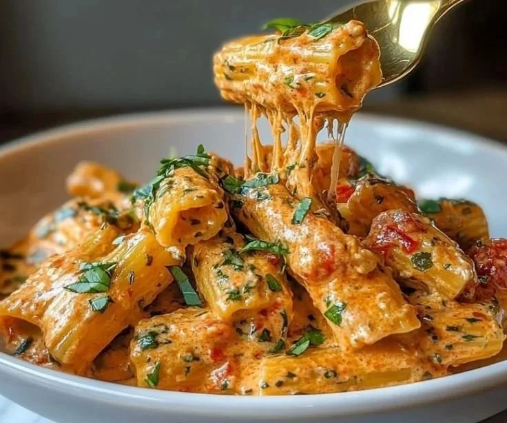 Plate of creamy tomato garlic pasta garnished with fresh basil.
