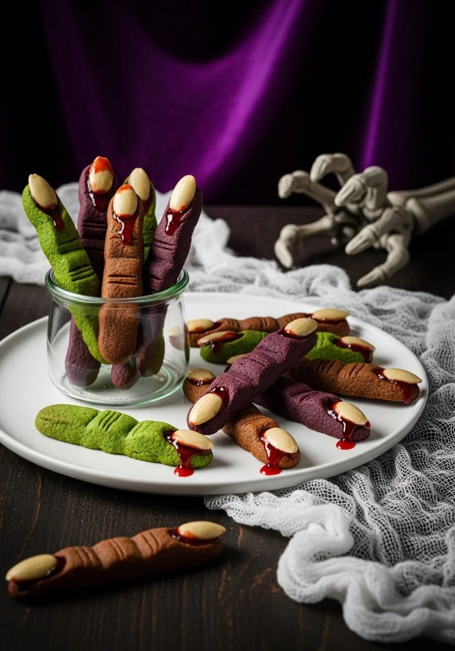 Creepy witch finger cookies shaped like gnarled fingers, perfect for Halloween treats.