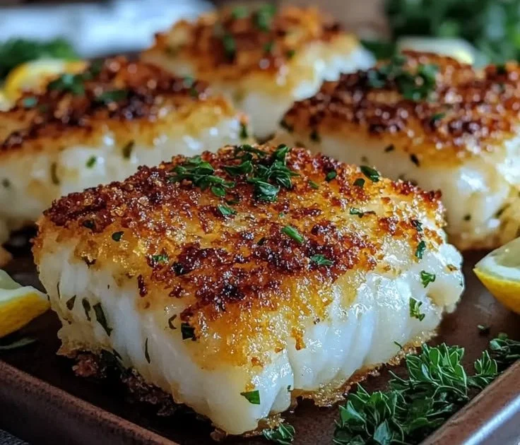 Plate of crispy baked cod garnished with lemon and herbs
