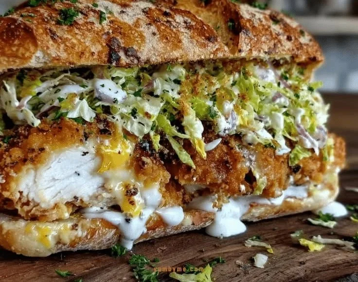 Crispy chicken sandwich with Caesar dressing on a wooden plate