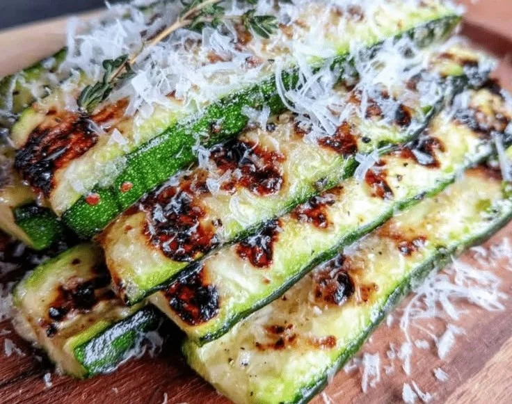 Crispy grilled zucchini with parmesan cheese and fresh herbs on a plate