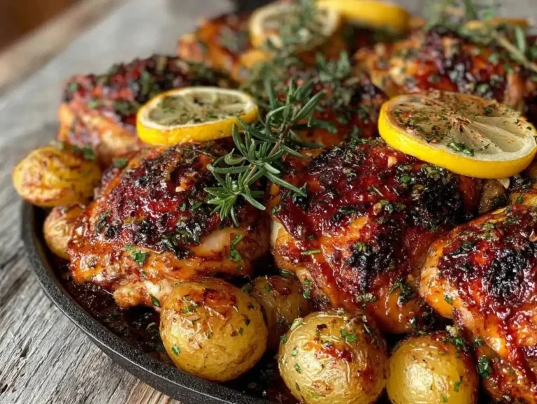 Crispy lemon herb chicken served with baby potatoes in a one-pan meal