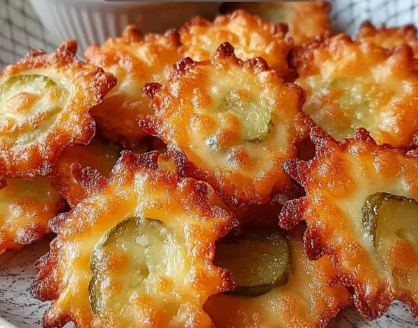 Crispy pickle cheese bites served on a platter with dipping sauce