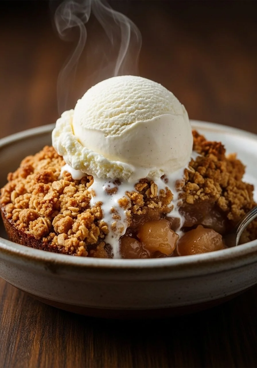 Delicious crockpot apple crisp topped with oats and cinnamon