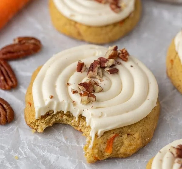 Crumbl carrot cake cookies topped with cream cheese frosting
