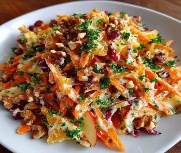 Crunchy apple carrot salad with creamy citrus dressing served in a bowl