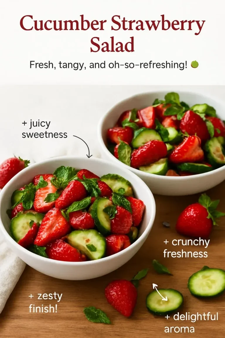 Fresh Cucumber Strawberry Salad in a bowl topped with mint leaves