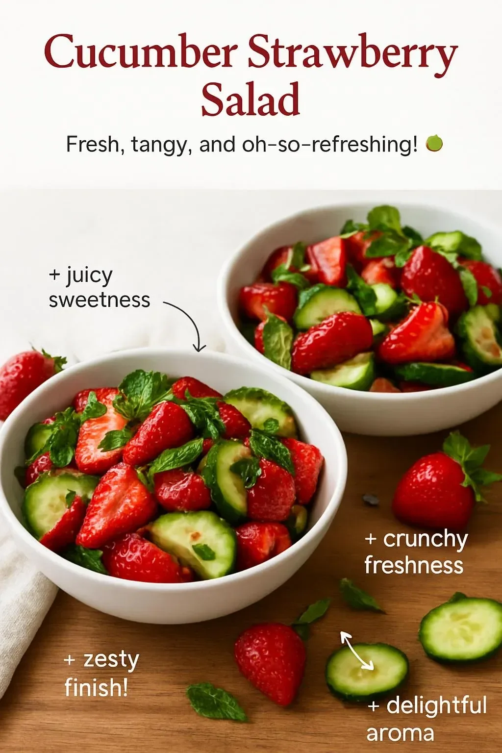 Fresh Cucumber Strawberry Salad in a bowl topped with mint leaves