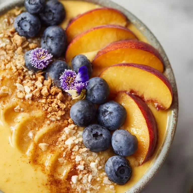 Dairy-free peach turmeric smoothie bowl topped with fresh fruits and seeds