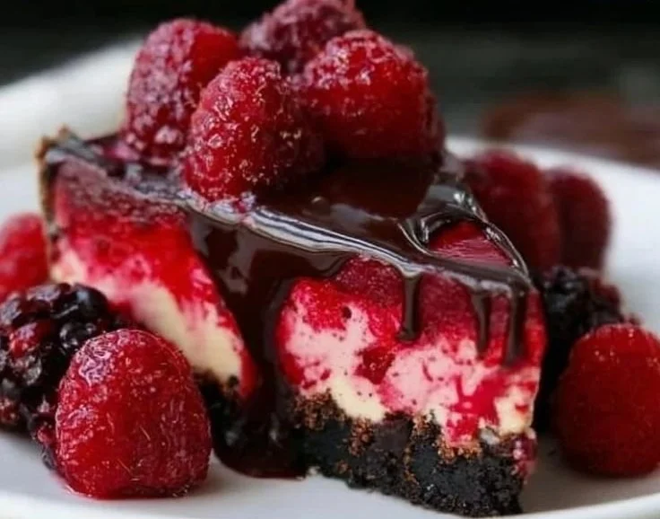 Slice of rich dark chocolate raspberry cheesecake on a white plate
