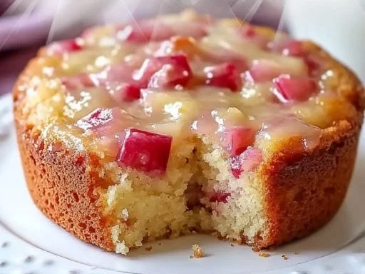 Decadent warm rhubarb cake with rich butter sauce served on a plate