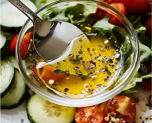 Oil and vinegar salad dressing in a jar with fresh salad ingredients