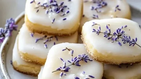 Iced lemon lavender shortbread cookies displayed on a plate