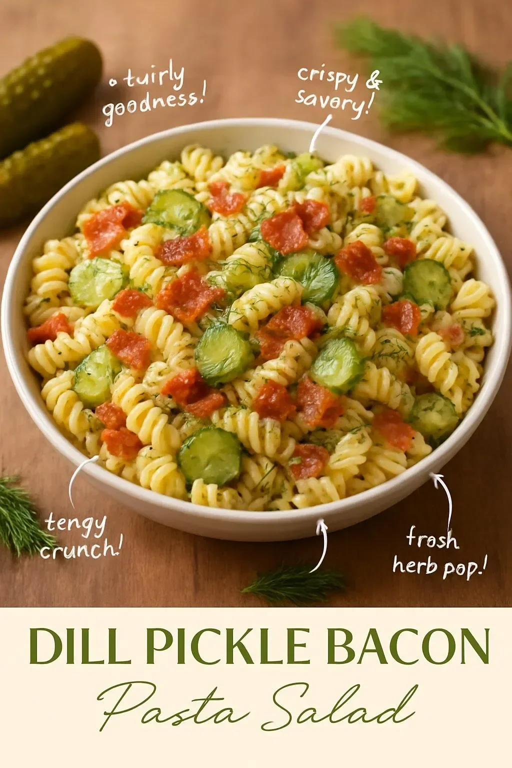 Dill Pickle Bacon Pasta Salad in a bowl garnished with fresh herbs.