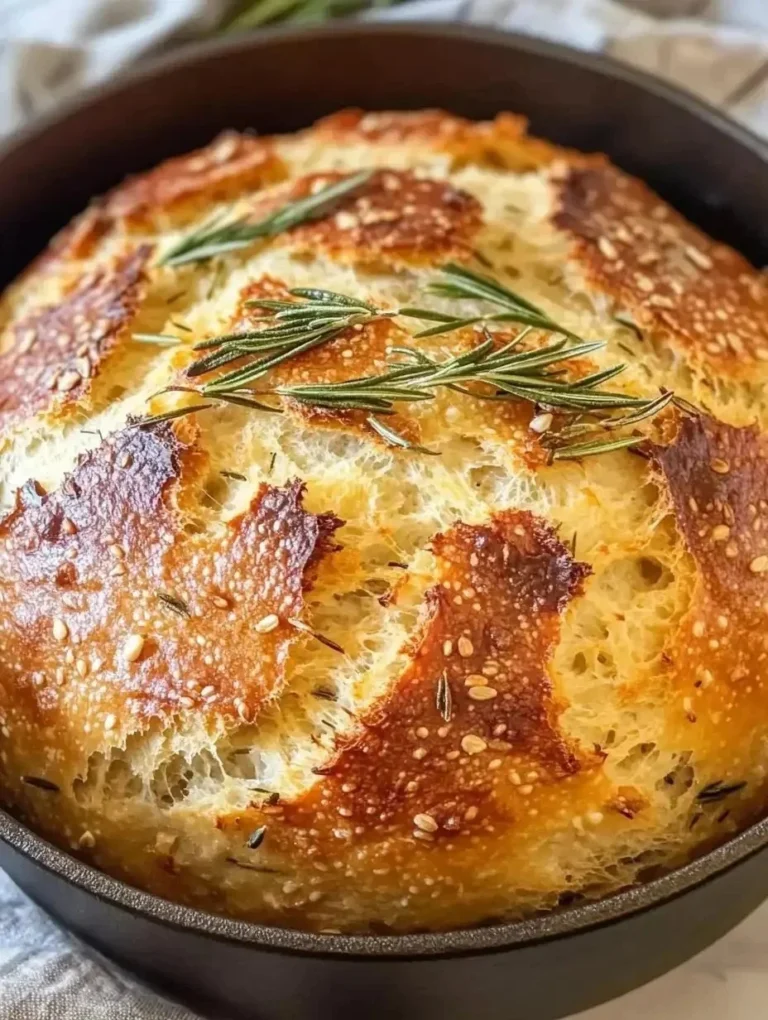 Freshly baked garlic rosemary bread in a Dutch oven