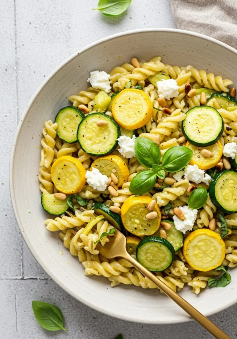 Easy summer squash pasta skillet dish in a pan with fresh herbs and vegetables