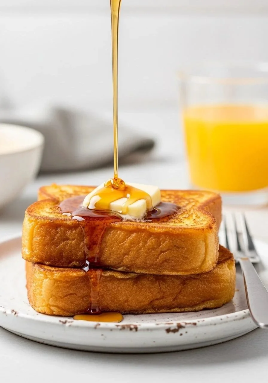 Delicious easy air fryer French toast served on a plate with syrup and fruit.