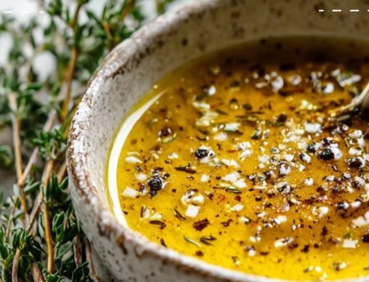 Bowl of easy Dijon vinaigrette dressing with ingredients on the side.