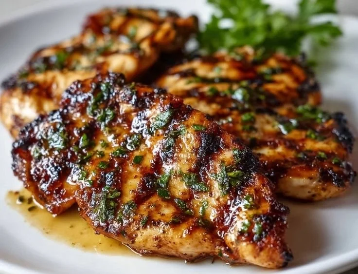 Juicy and flavorful easy grilled chicken on a plate garnished with herbs
