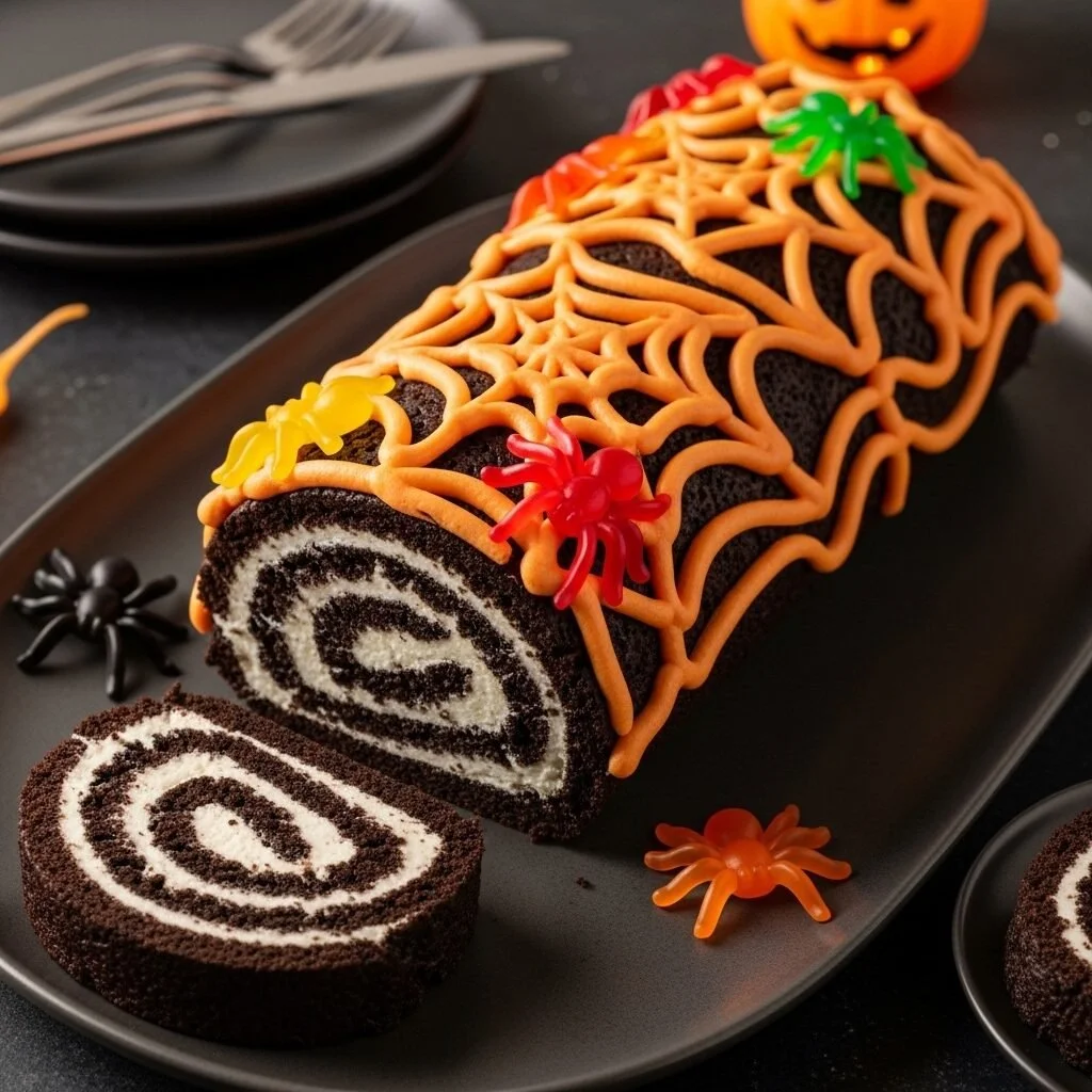 No bake Halloween Oreo Roll dessert topped with chocolate frosting and sprinkles