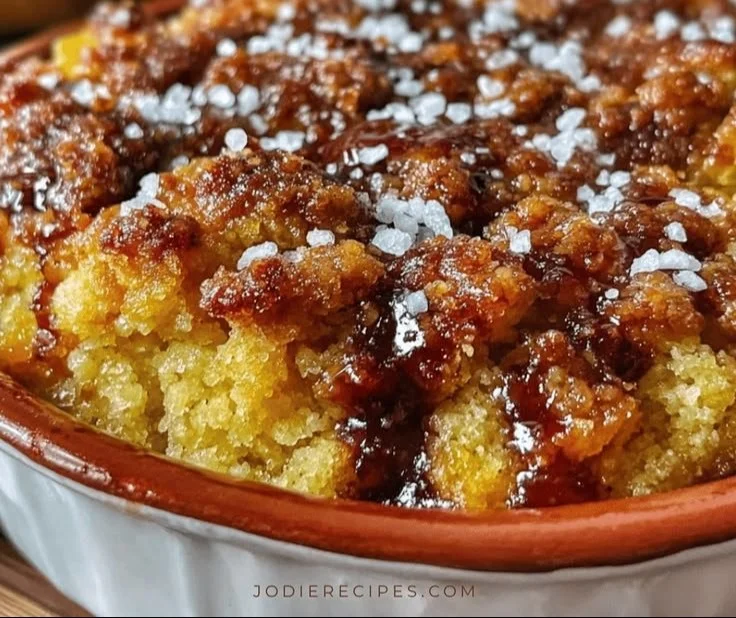 Delicious rhubarb dump cake in a baking dish ready to serve.