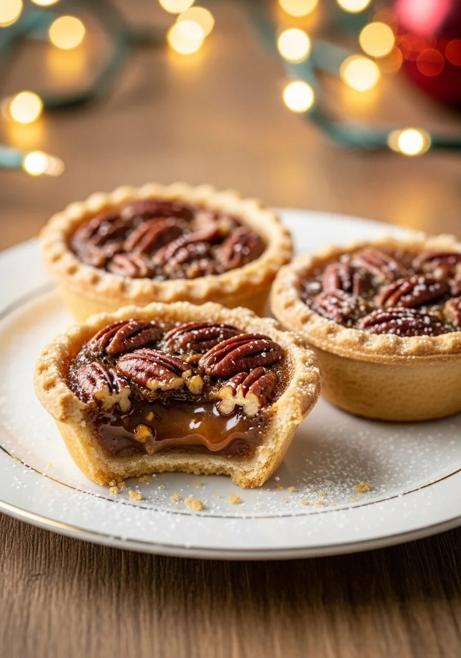 Delicious homemade mini pecan pies on a rustic wooden table.