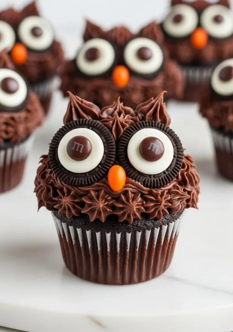 Easy Oreo Owl Cupcakes decorated with chocolate and cream for a whimsical treat