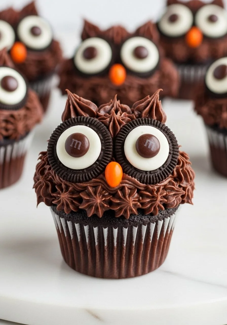 Easy Oreo Owl Cupcakes decorated with chocolate and cream for a whimsical treat
