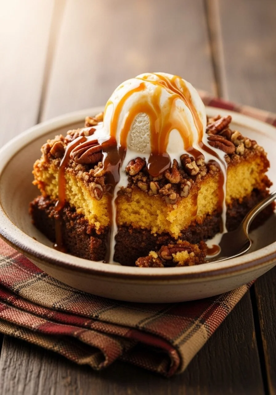 Delicious easy pumpkin dump cake topped with whipped cream