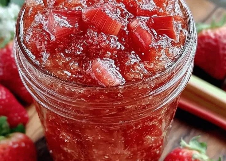 Homemade strawberry rhubarb jam made with 3 ingredients without pectin