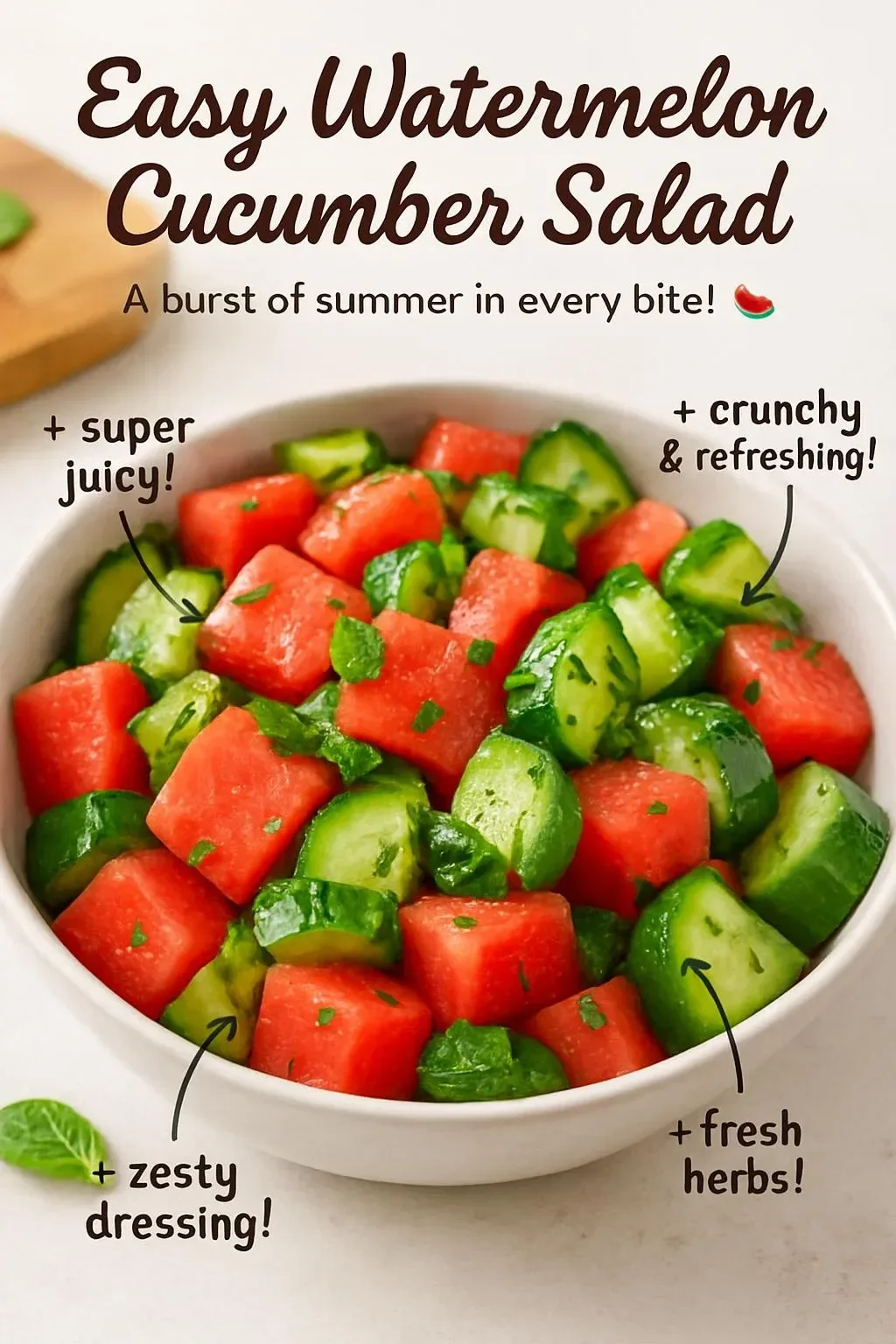 Delicious easy watermelon cucumber salad served in a bowl with fresh ingredients