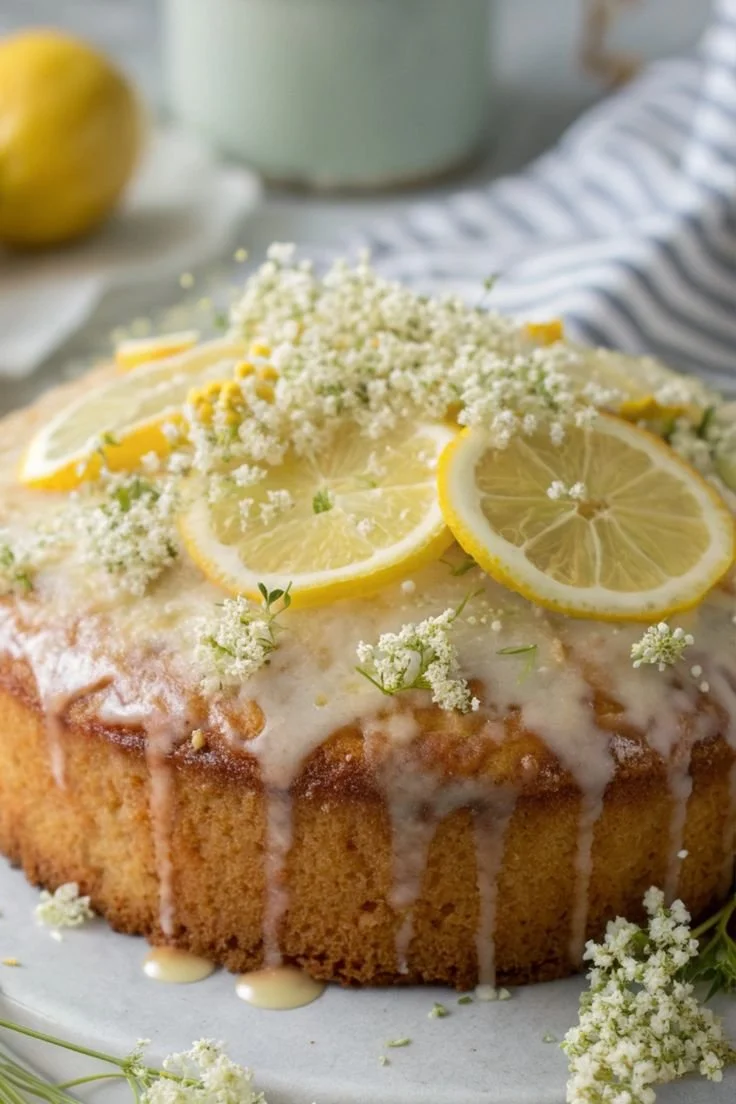 Elderflower Lemon Drizzle Cake with zesty icing on a decorative plate