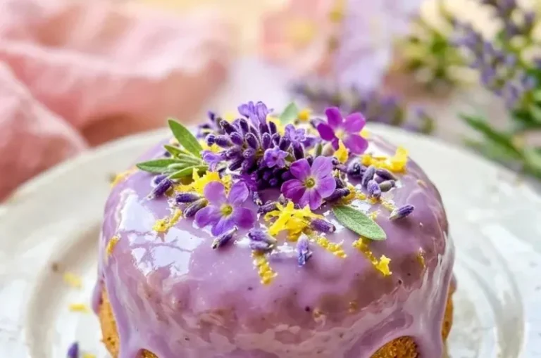 Elegant mini lemon cakes with lavender glaze garnished with edible flowers