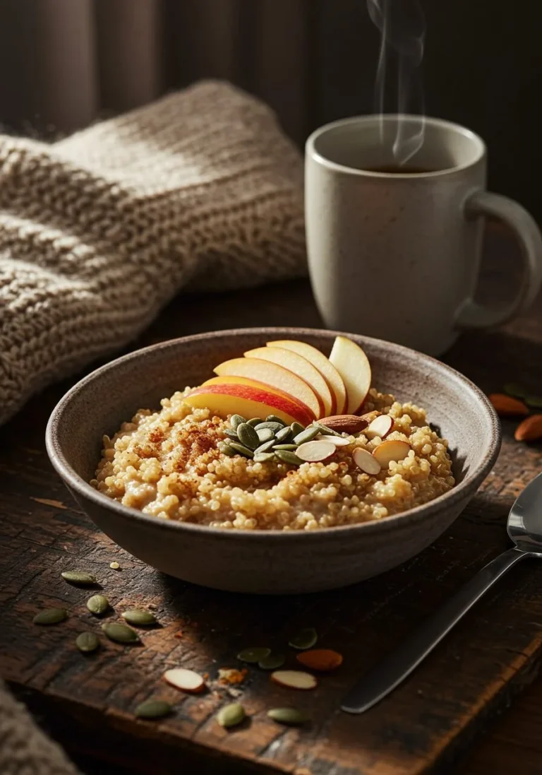 Bowl of fall breakfast quinoa topped with seasonal fruits and nuts