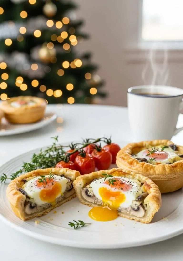 Festive mushroom and egg breakfast tarts on a serving platter