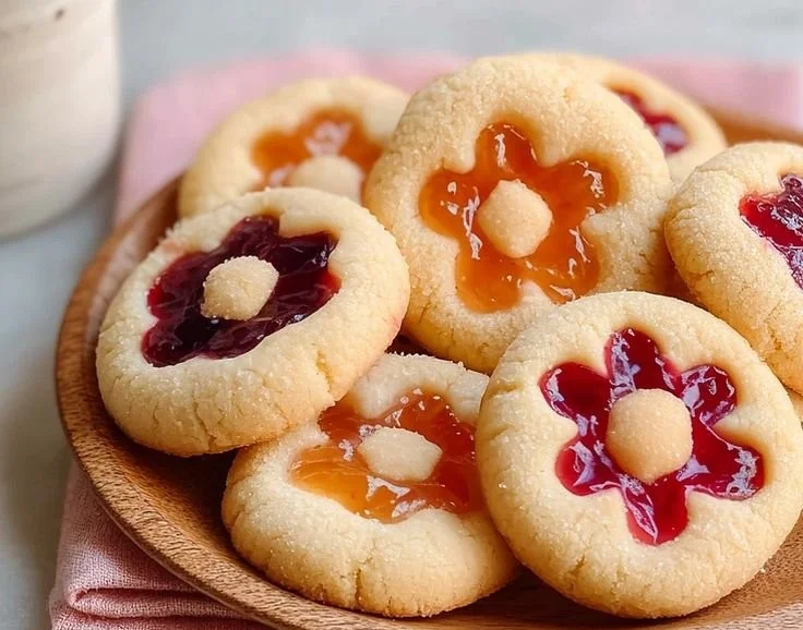 Flower jam thumbprint cookies with colorful jam filling on a plate
