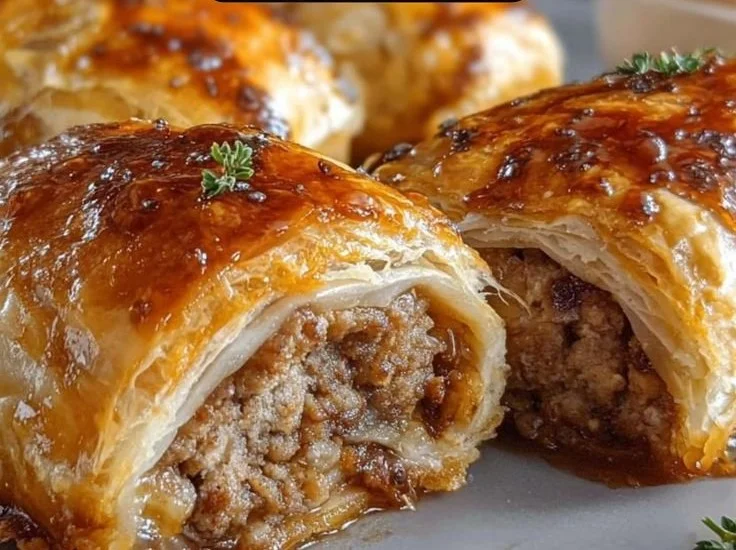 Golden brown French onion sausage rolls on a serving platter