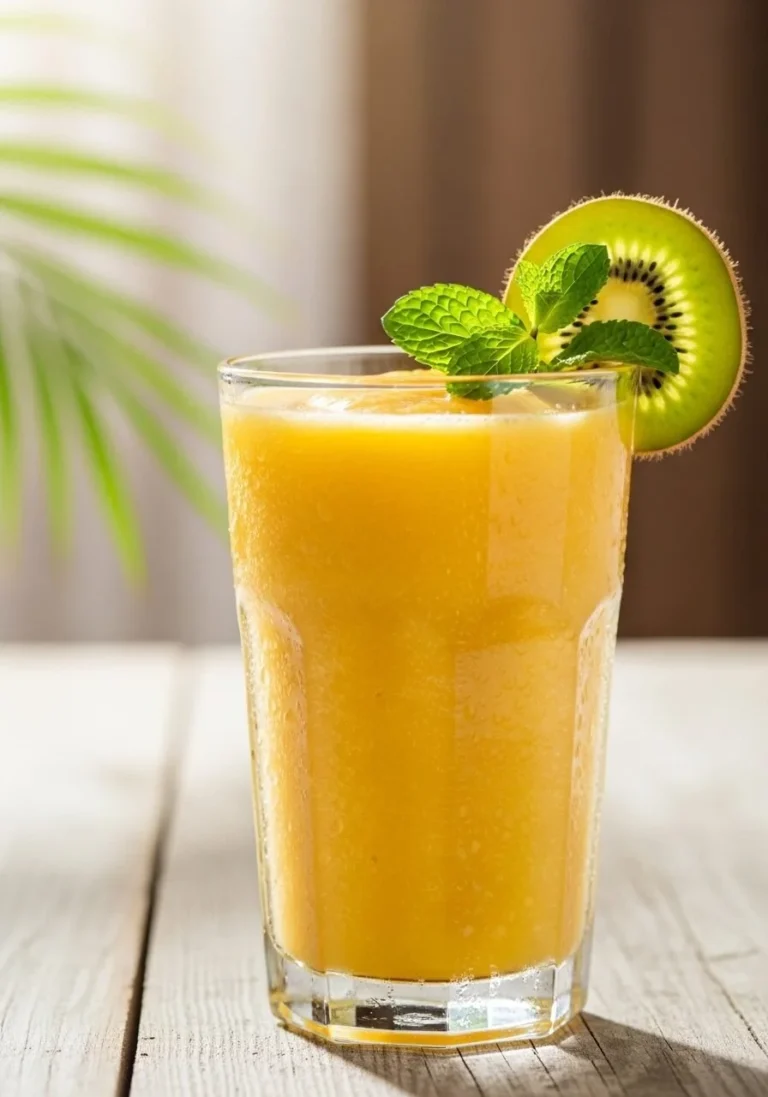 Fresh mango smoothie in a glass garnished with mint leaves