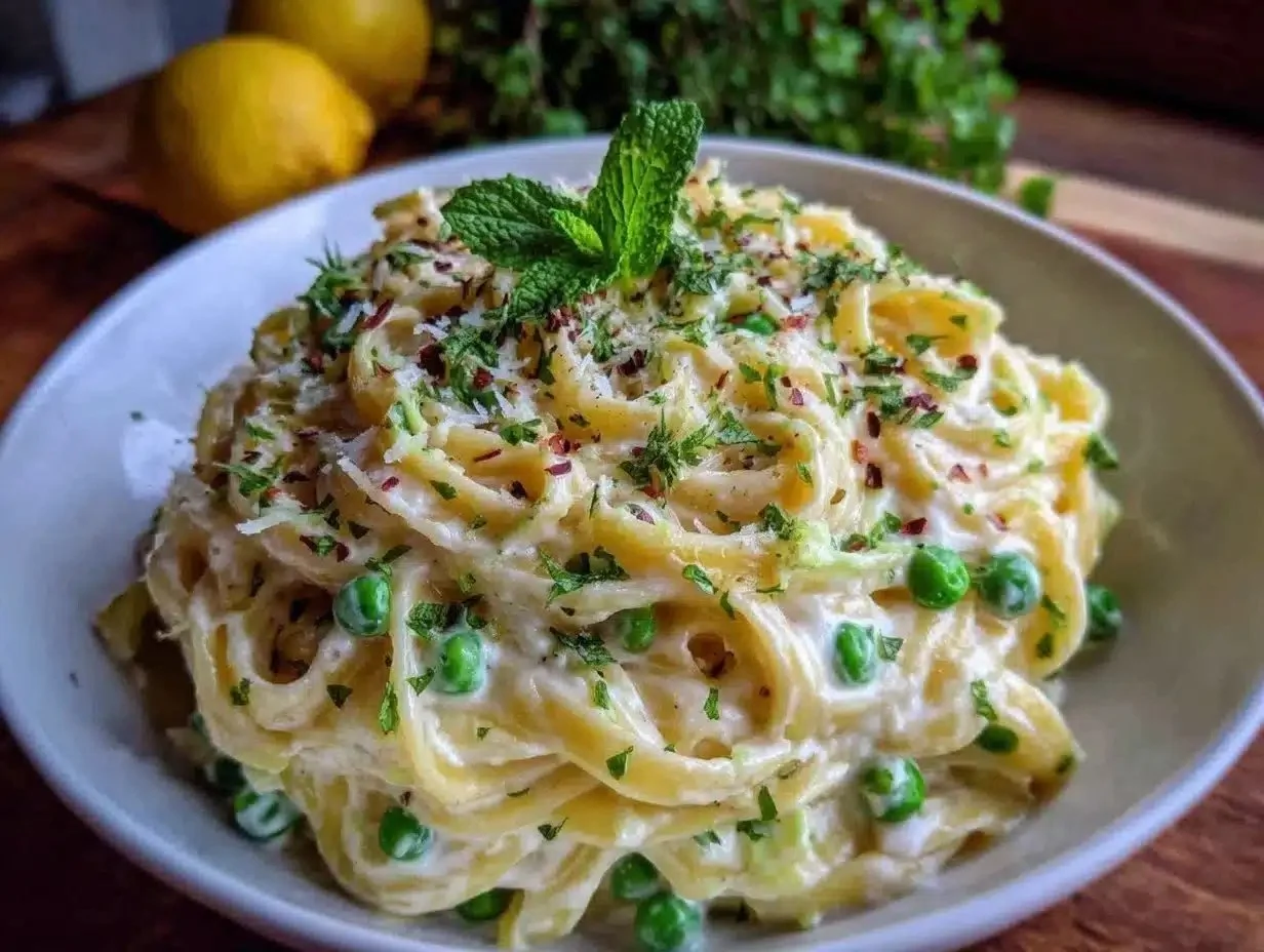 Plate of Fresh Spring Lemon Ricotta Pasta garnished with herbs and lemon zest.