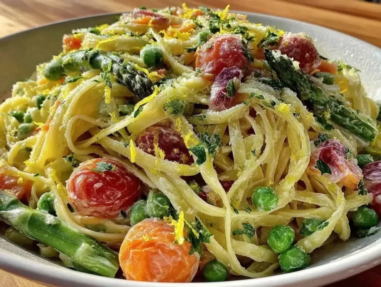 Delicious pasta primavera with fresh spring vegetables and creamy lemon sauce