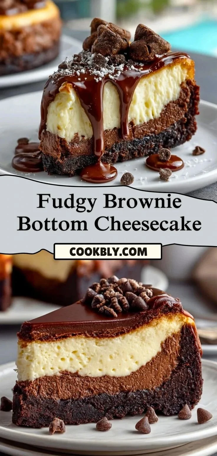 Fudgy brownie bottom cheesecake slice topped with chocolate drizzle
